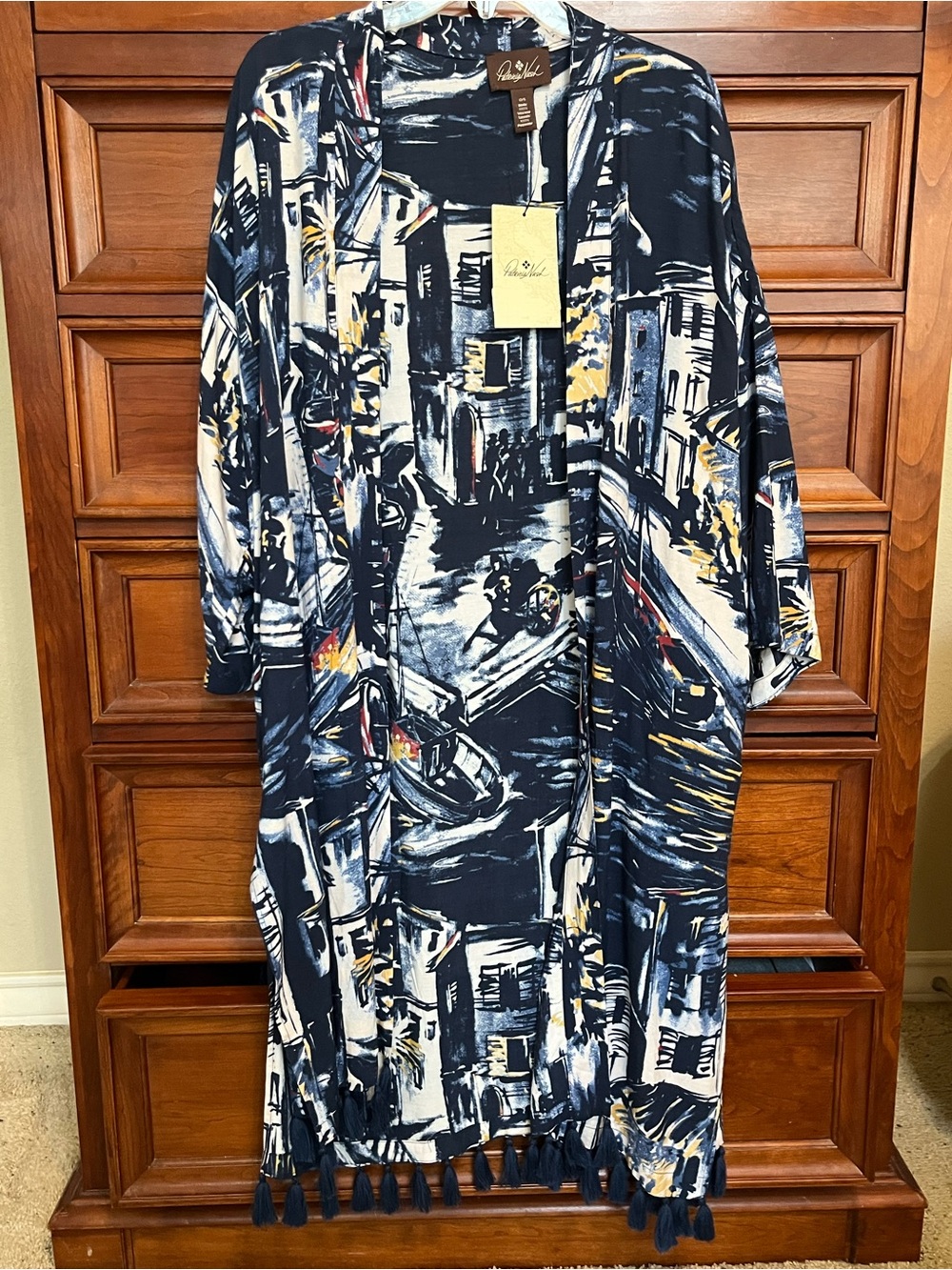 Patricia Nash Navy, White & Yellow Scenic Open-Front Kimono